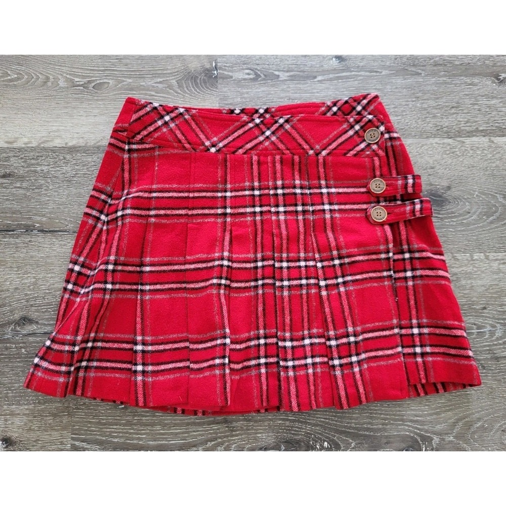 Red Plaid Wool Blend Wrap Mini Skirt Sz M Preppy Academia